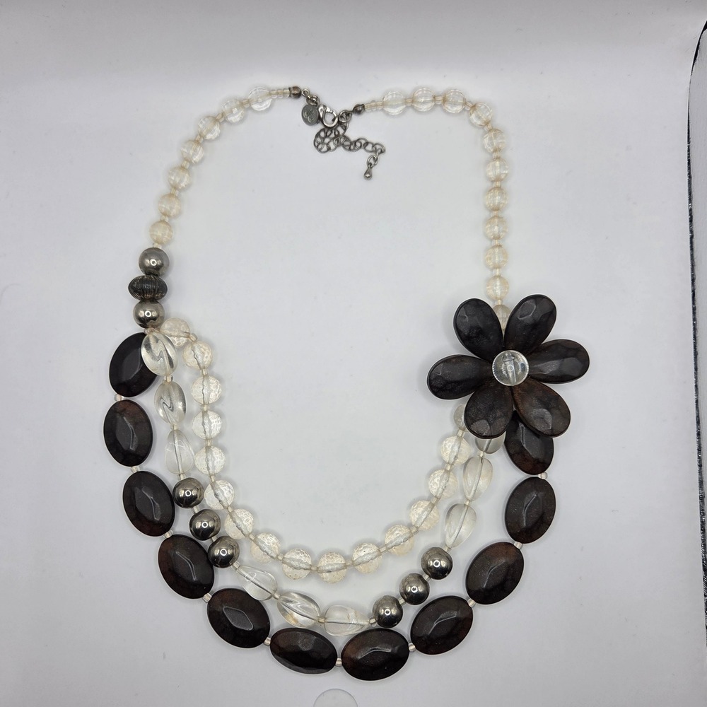 Just Jewelry Brown Clear Triple Strand Beaded Flower Statement Necklace Boho